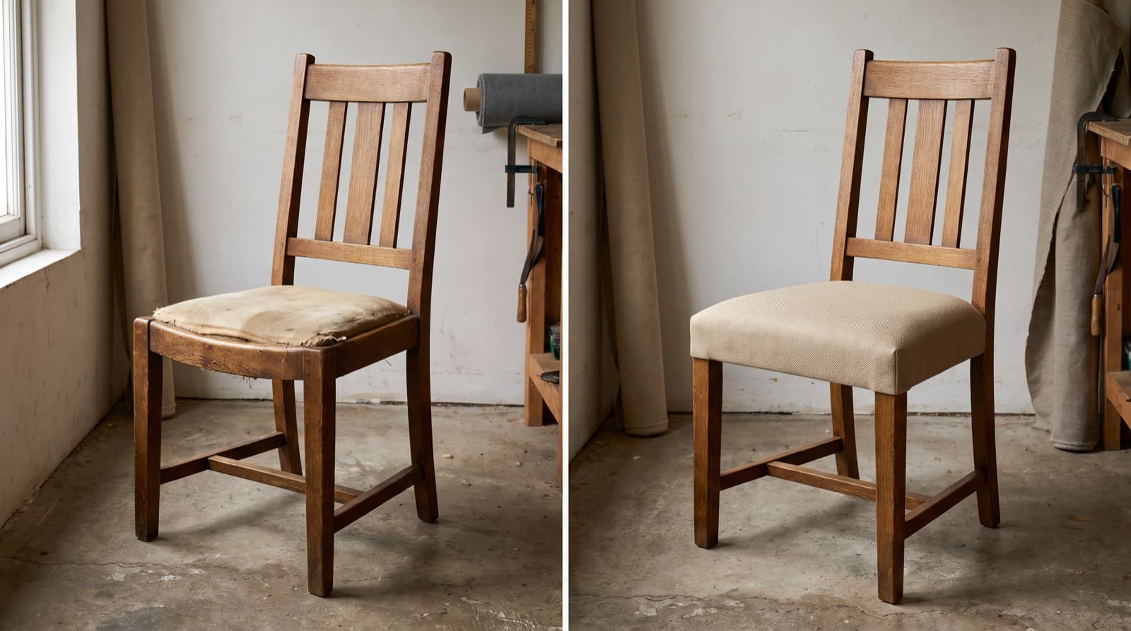 silla de comedor con el asiento gastado y la misma silla ya retapizada