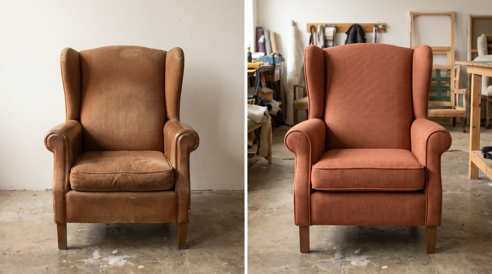sillón orejero con la tela gastada y el mismo sillón ya retapizado